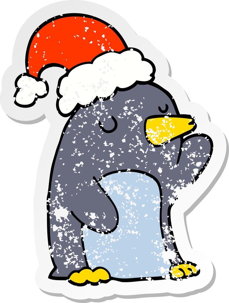 adesivo angustiado de um pinguim de natal de desenho animado fofo vetor