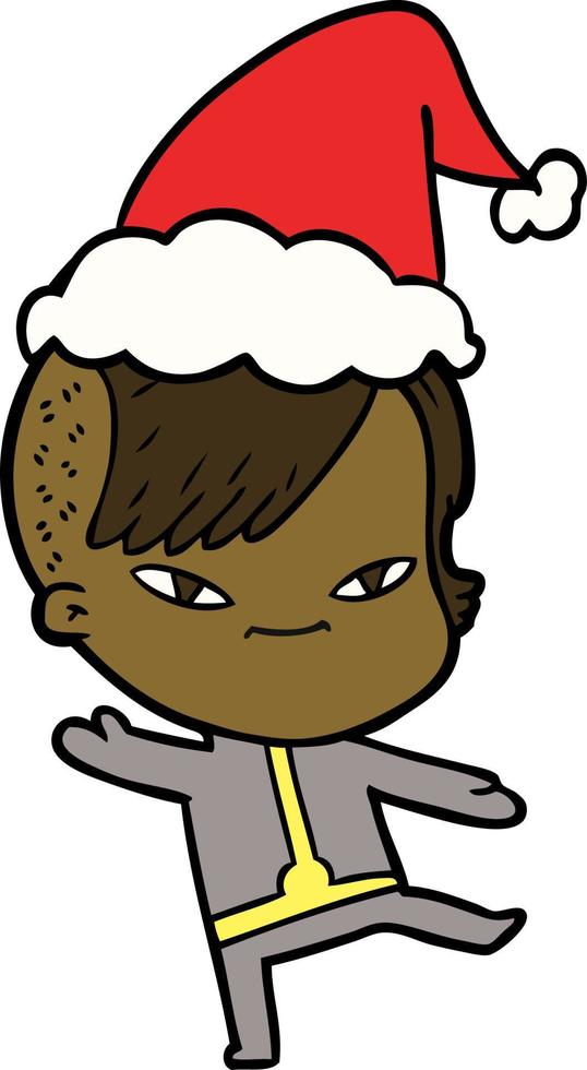 desenho de linha bonito de uma garota com corte de cabelo hipster usando chapéu de papai noel vetor