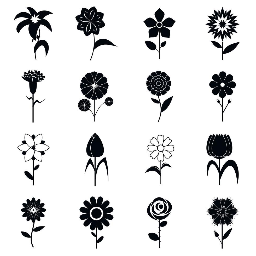 conjunto de ícones de flores, estilo simples preto vetor