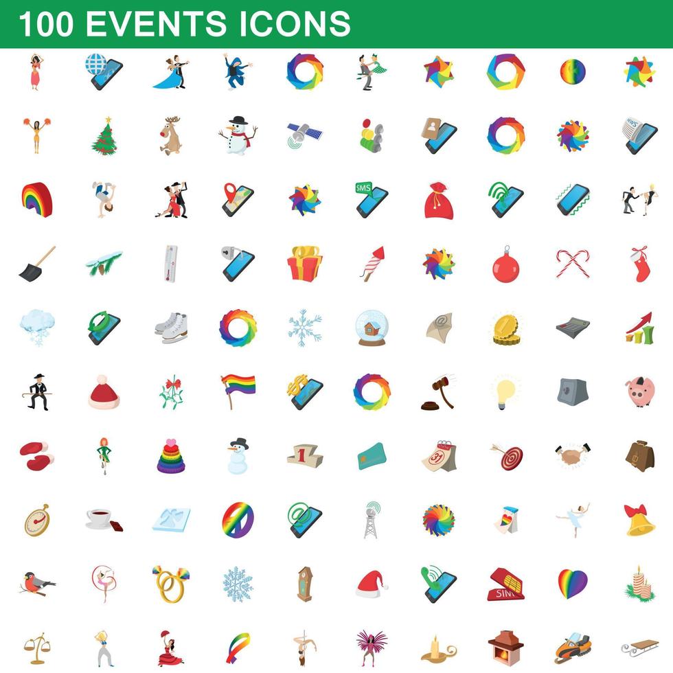 100 ícones de eventos definidos, estilo cartoon vetor