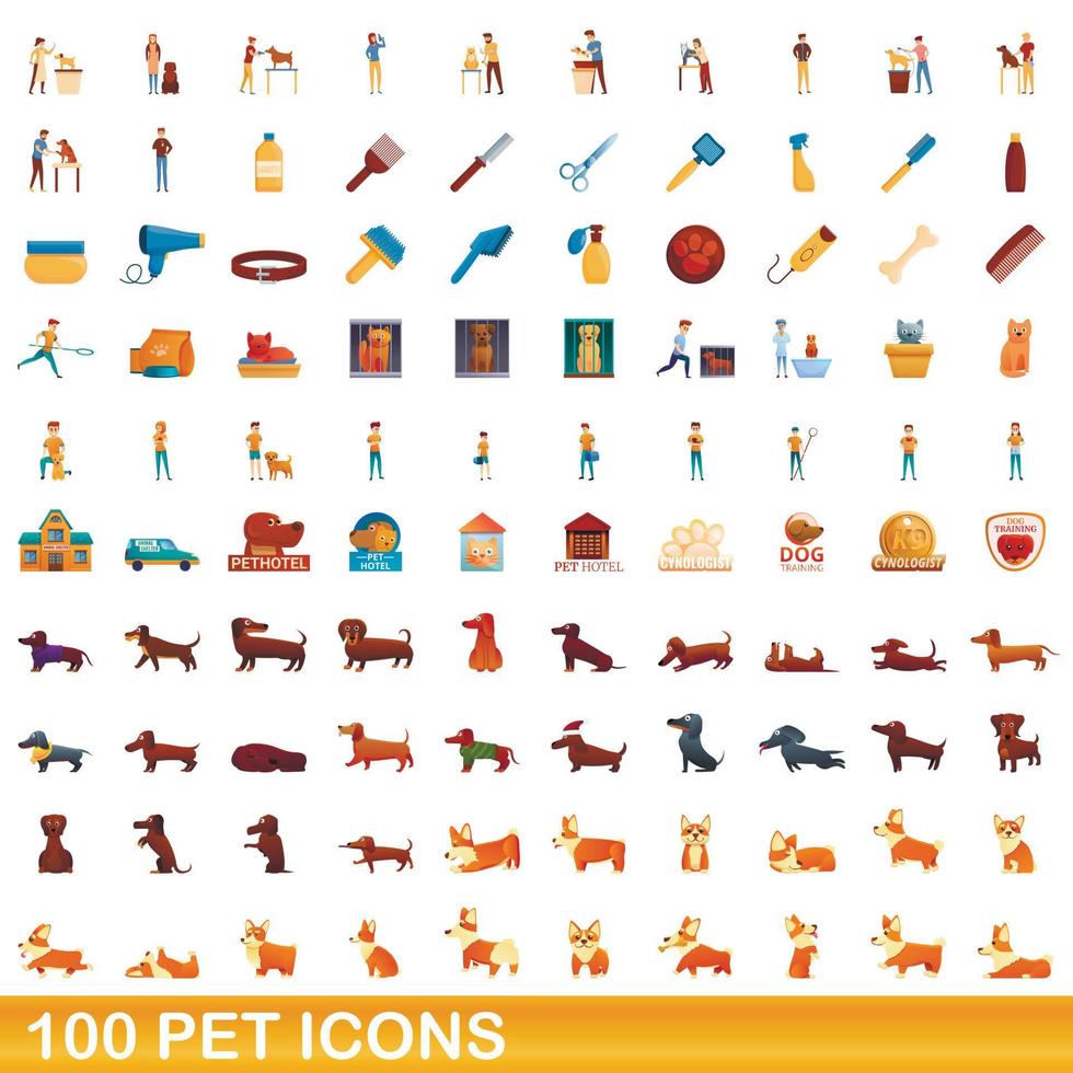 conjunto de 100 ícones de animais de estimação, estilo cartoon vetor