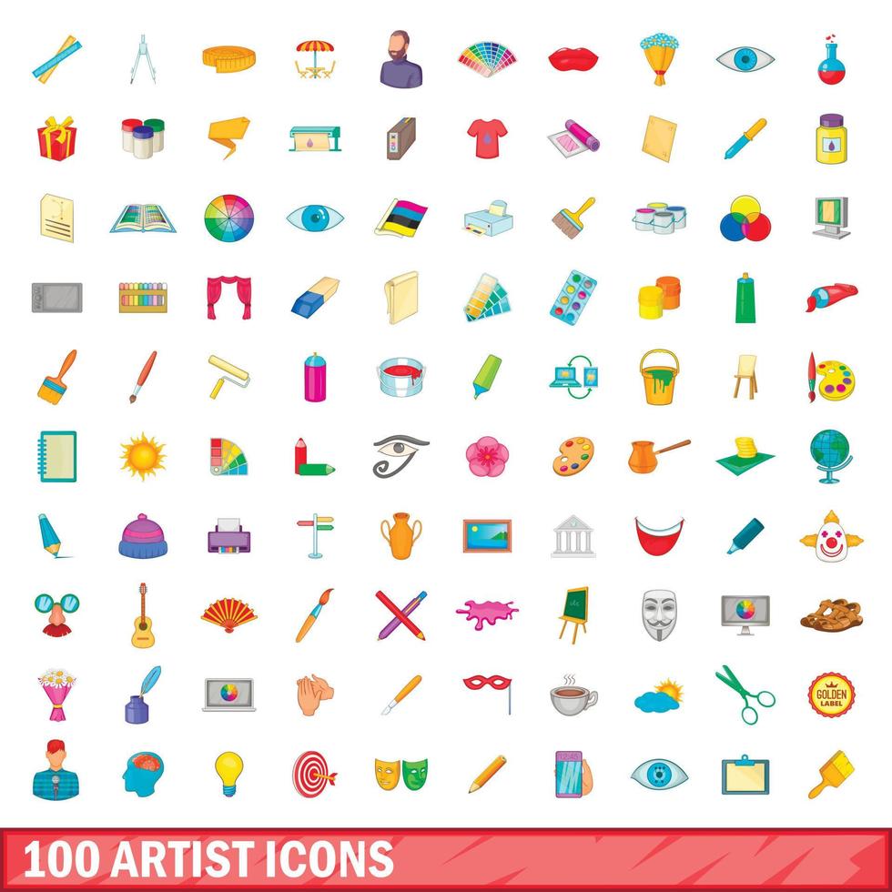 conjunto de 100 ícones de artistas, estilo cartoon vetor