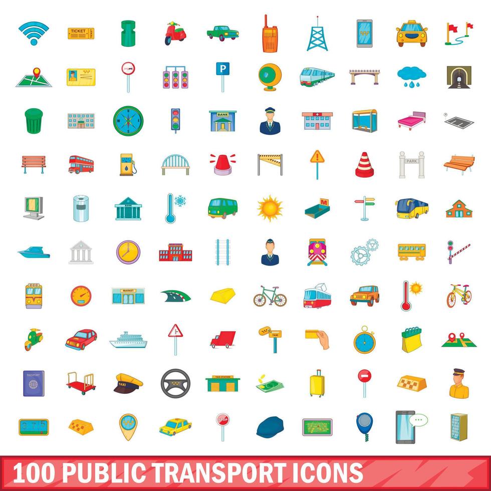 Conjunto de 100 ícones de transporte público, estilo cartoon vetor