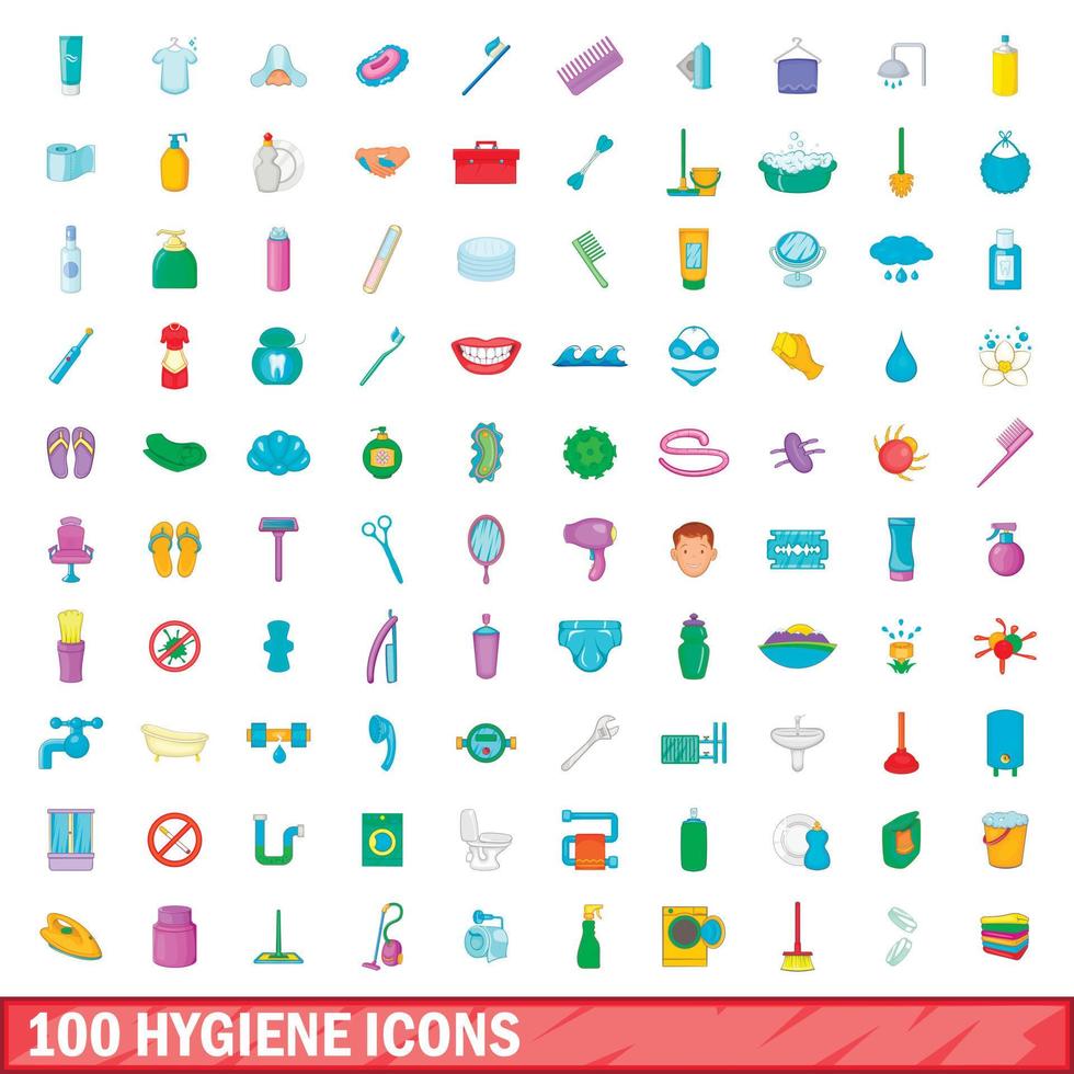 conjunto de 100 ícones de higiene, estilo cartoon vetor