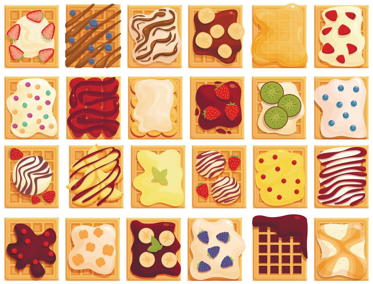 ícones de waffles belgas definir vetor dos desenhos animados. aperitivo de café