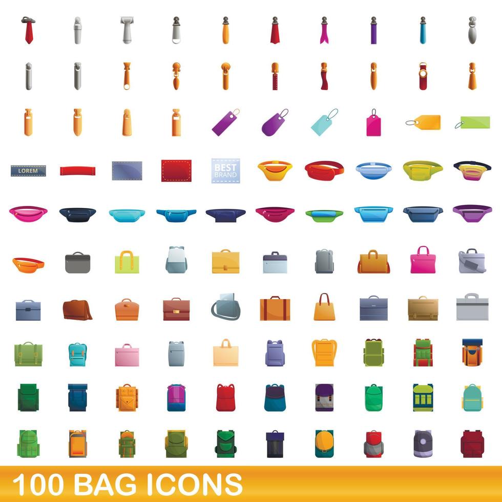 conjunto de 100 ícones de saco, estilo cartoon vetor