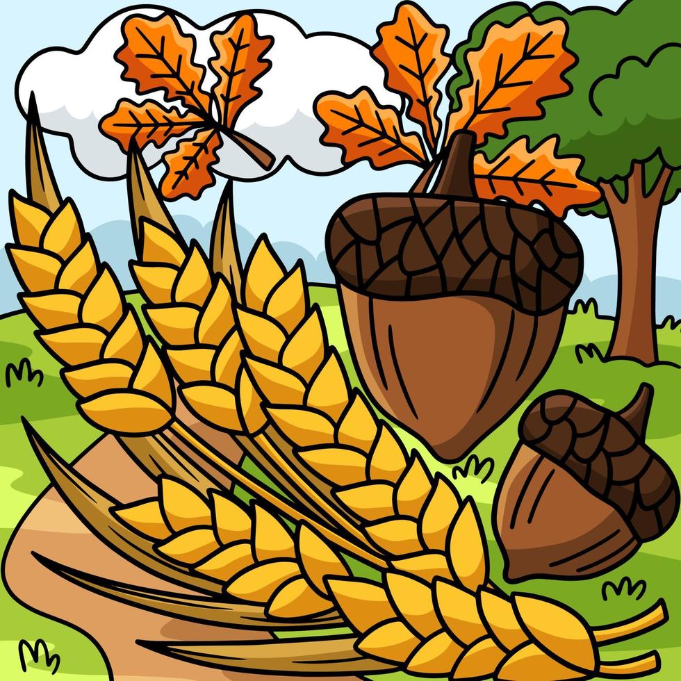 desenhos animados coloridos de trigo e bolota de ação de graças vetor
