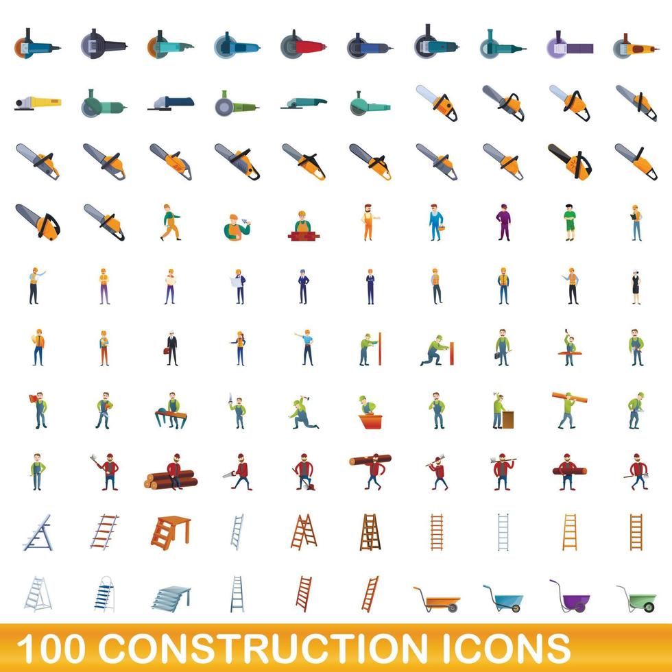 conjunto de 100 ícones de construção, estilo cartoon vetor