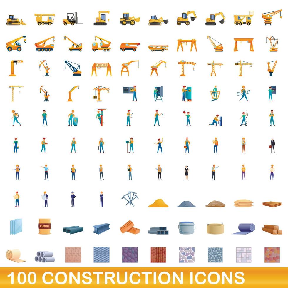 conjunto de 100 ícones de construção, estilo cartoon vetor