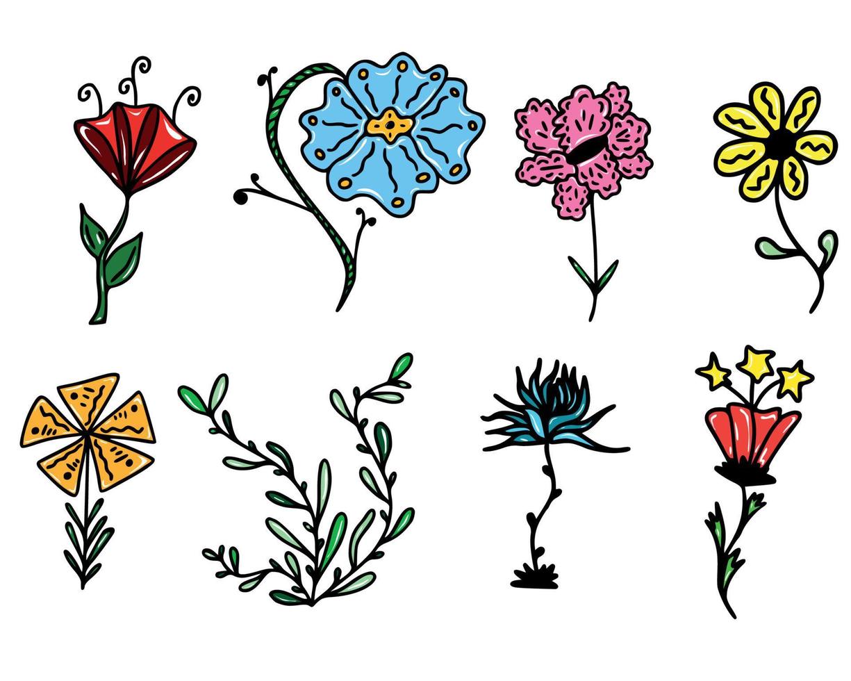 definir coleção doodle flor desenhada à mão vetor