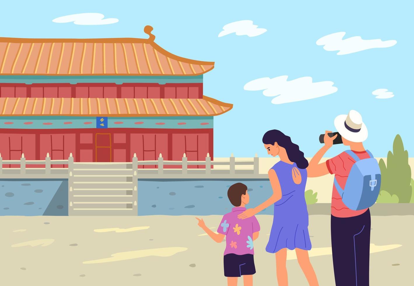 palácio proibido na china. família de turista na china. ilustração vetorial vetor