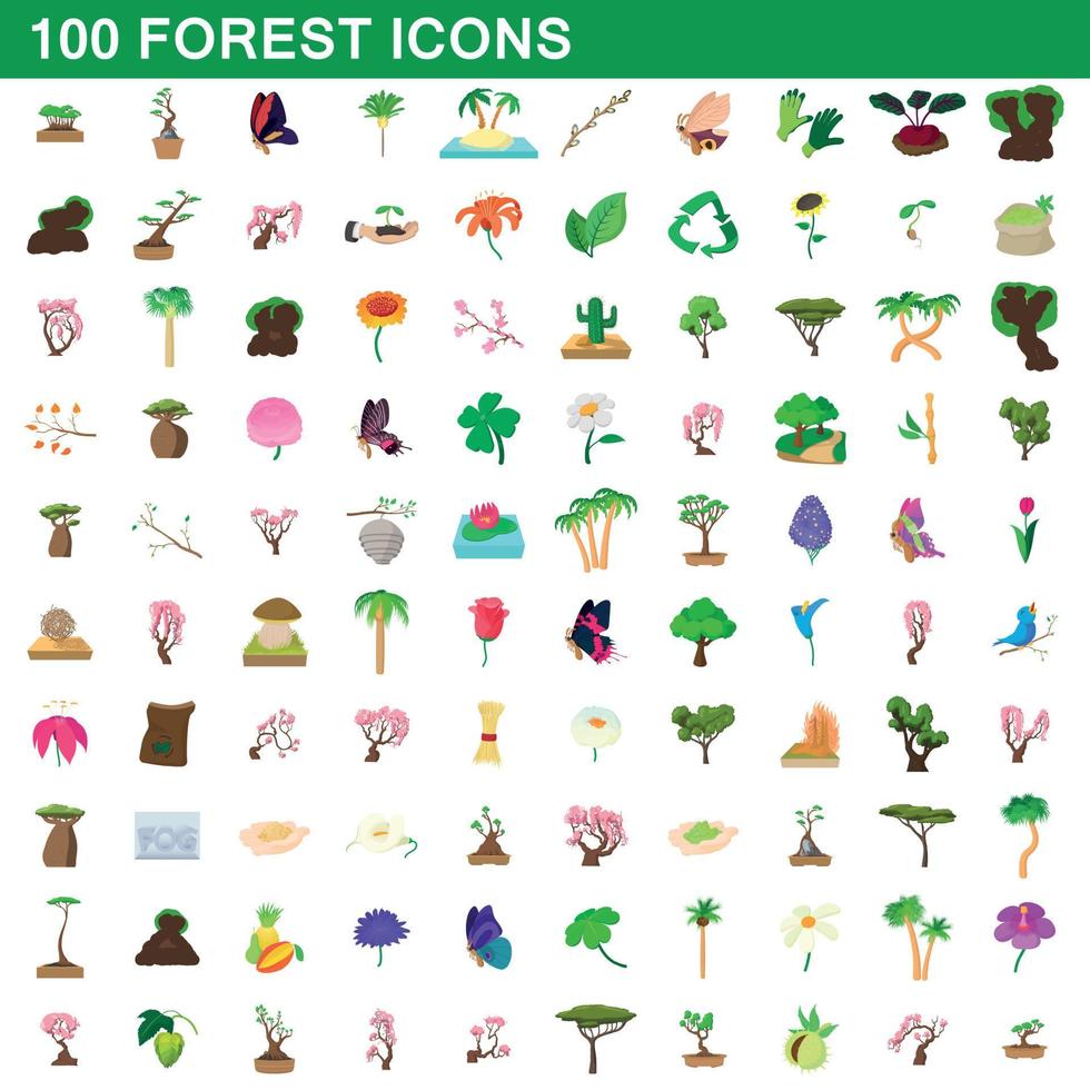 conjunto de 100 ícones da floresta, estilo cartoon vetor