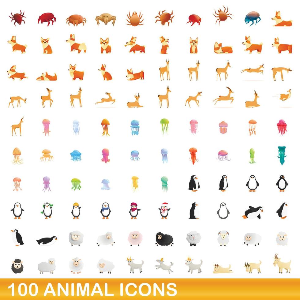 conjunto de 100 ícones de animais, estilo cartoon vetor