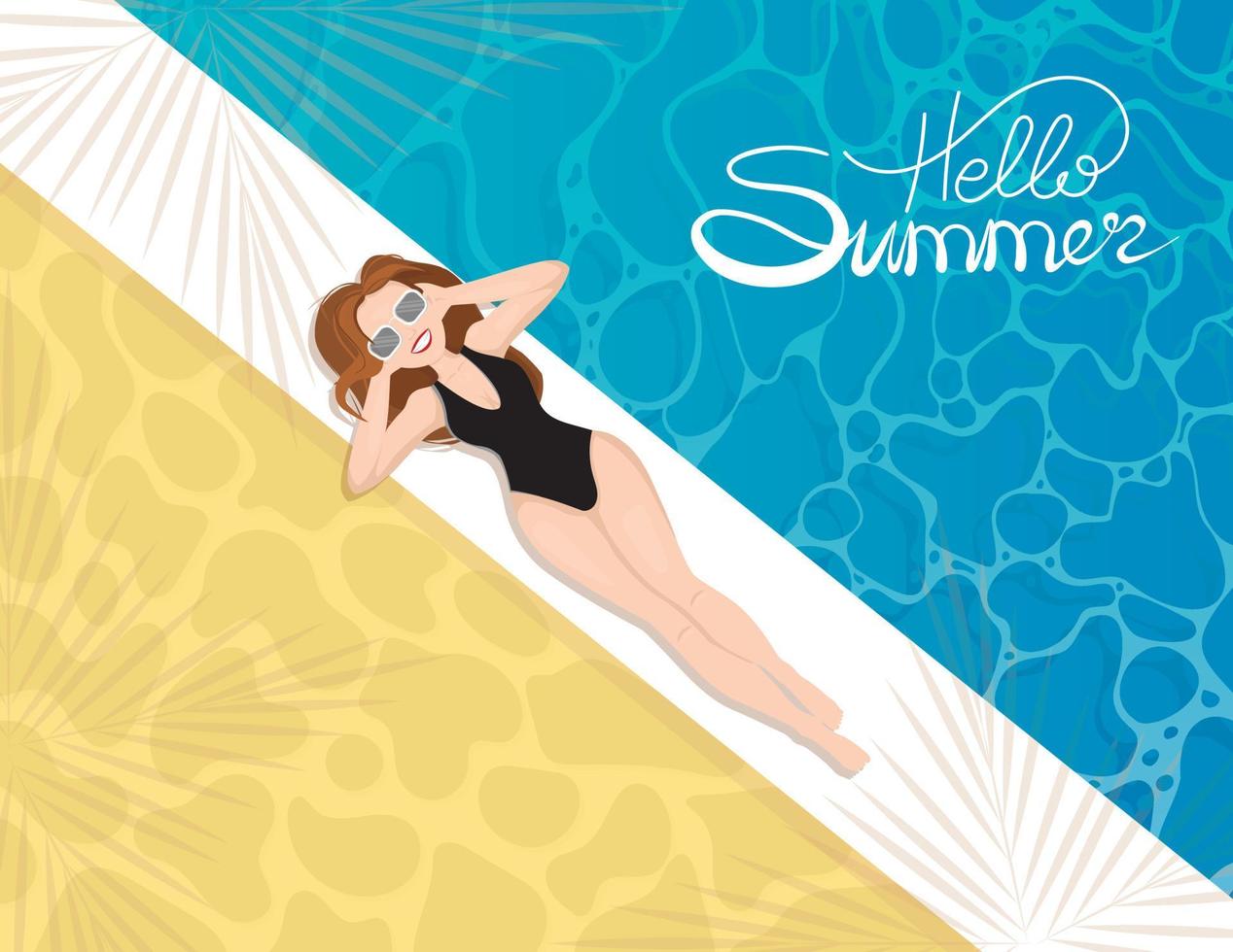 garota de óculos de sol está tomando sol ao lado da piscina sob as palmeiras vetor