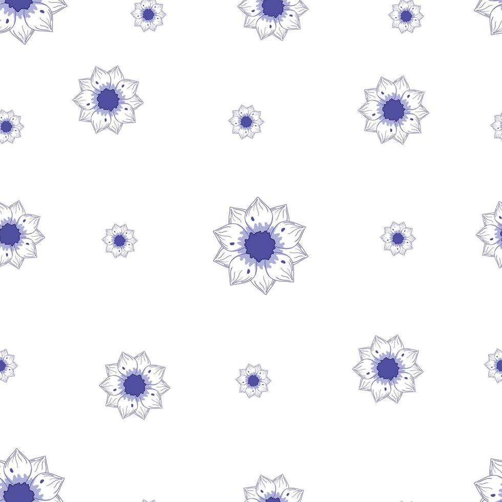 padrão sem costura com flores abstratas azuis forradas de outono em cores quentes isoladas em fundo branco em estilo de desenho animado plano vetor