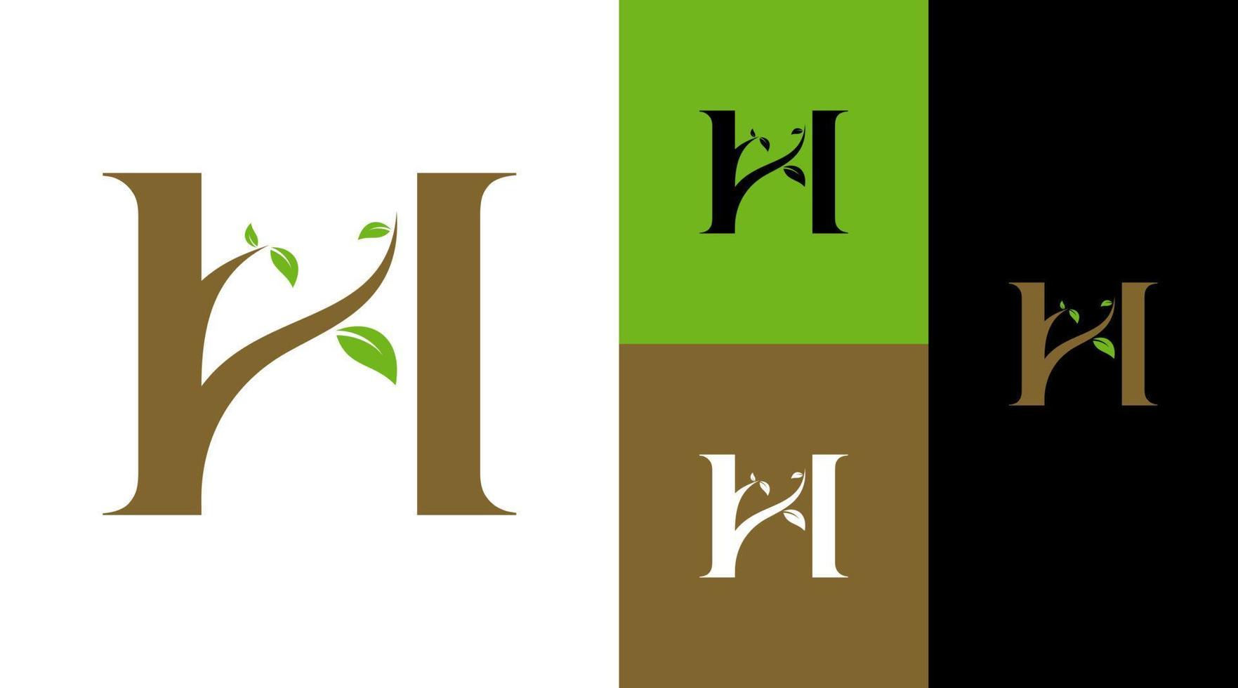 h carta monograma folhas verdes com conceito de design de logotipo de ambiente natural de árvore vetor