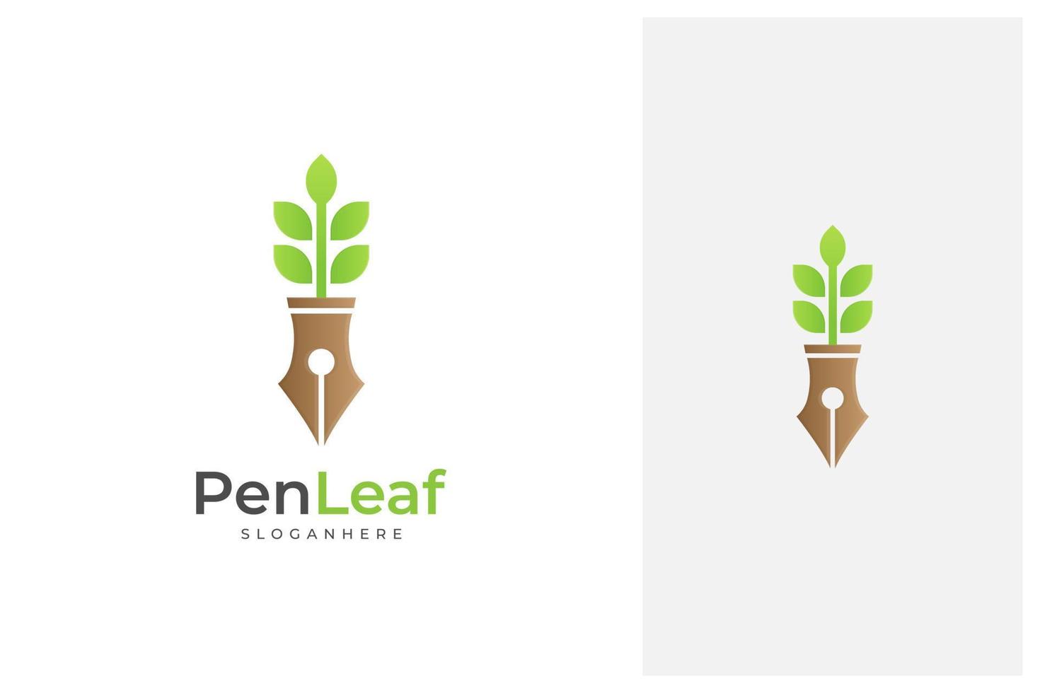 caneta e folha, combinação de logotipo de vetor de planta