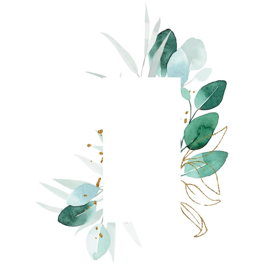desenho em aquarela. moldura retangular, borda com folhas de eucalipto e folhas douradas e salpicos. delicado padrão em estilo vintage, boho vetor