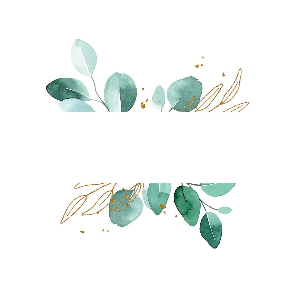 desenho em aquarela. moldura retangular, borda com folhas de eucalipto e folhas douradas e salpicos. delicado padrão em estilo vintage, boho vetor