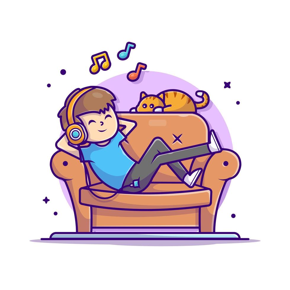 menino feliz ouvindo música no sofá com gato fofo, música e notas de ilustração de ícone de vetor de desenho animado de música. pessoas arte ícone conceito isolado vetor premium. estilo de desenho animado plano