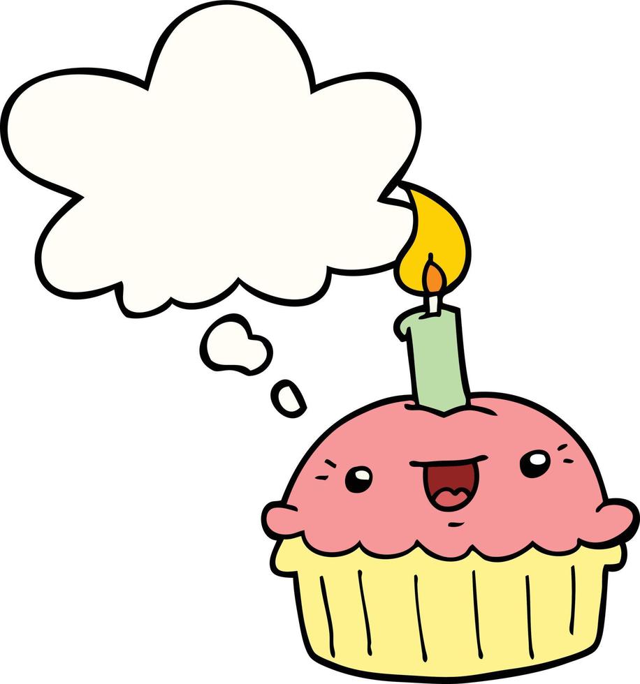 cupcake de desenho animado com vela e balão de pensamento vetor