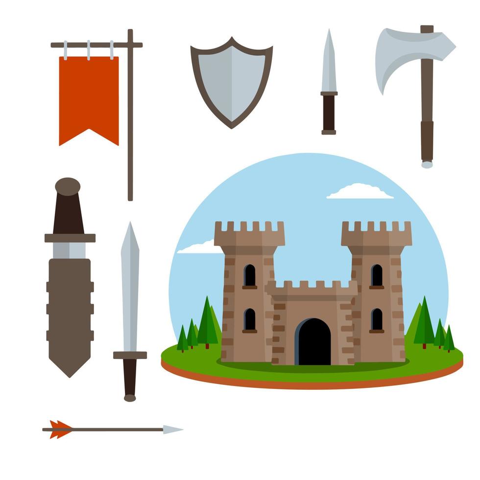 conjunto medieval de item. armadura velha e armas de cavaleiro vetor