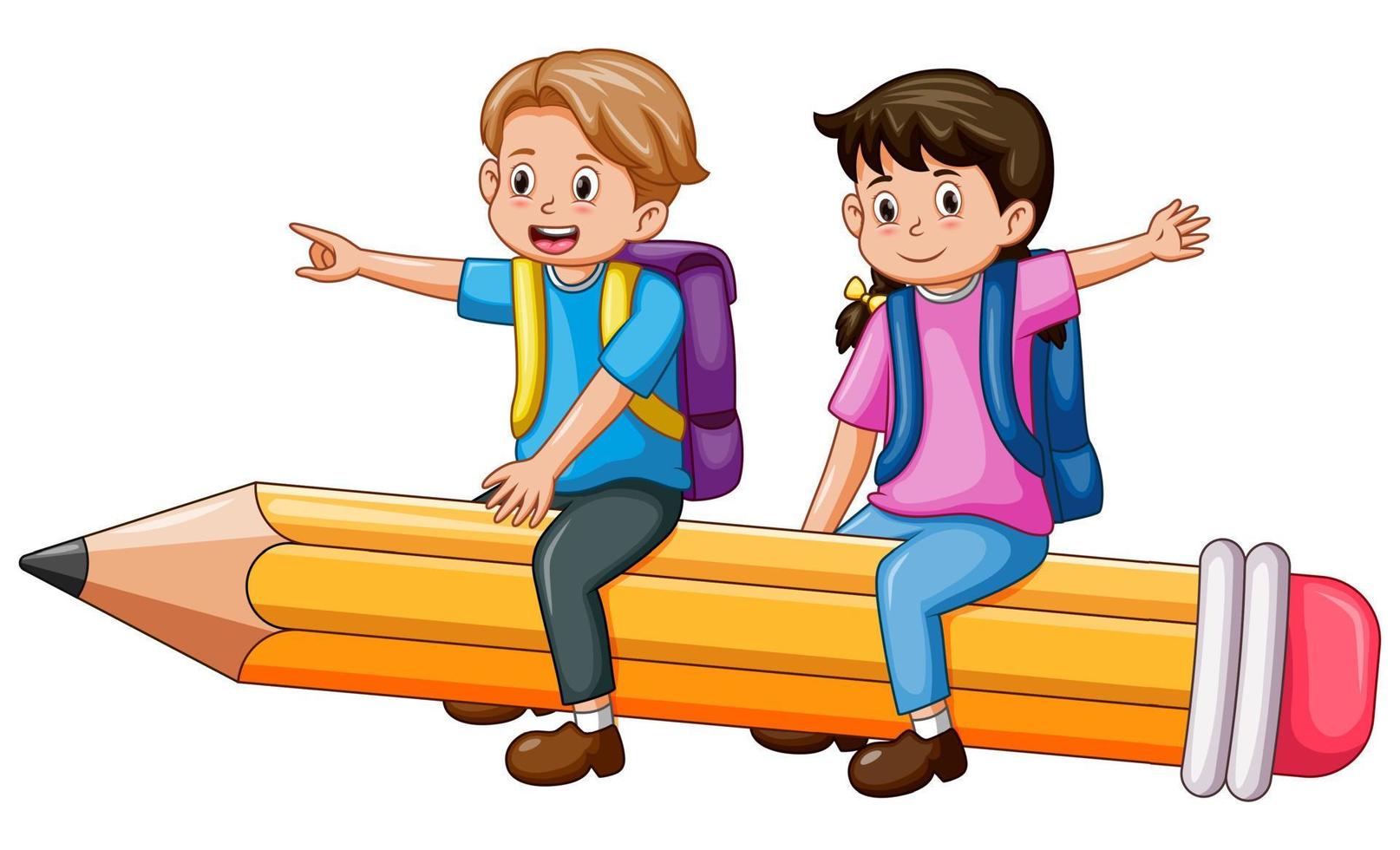 ilustração vetorial de crianças felizes da escola montando um lápis voador isolado no fundo branco vetor