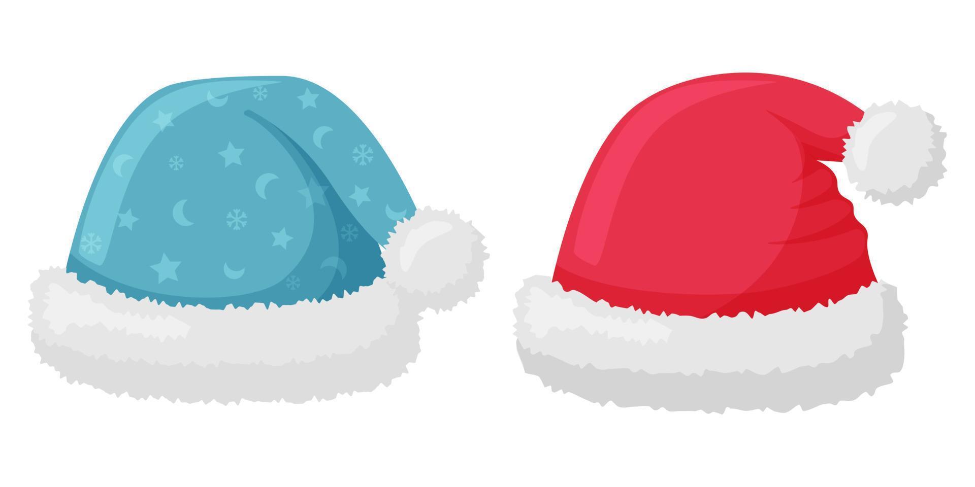 o gorro do papai noel é vermelho e azul com estampa, pelo e pompom. o acessório de inverno para a cabeça em estilo simples, isolado no branco. elementos de roupas para design de inverno, ano novo e natal vetor