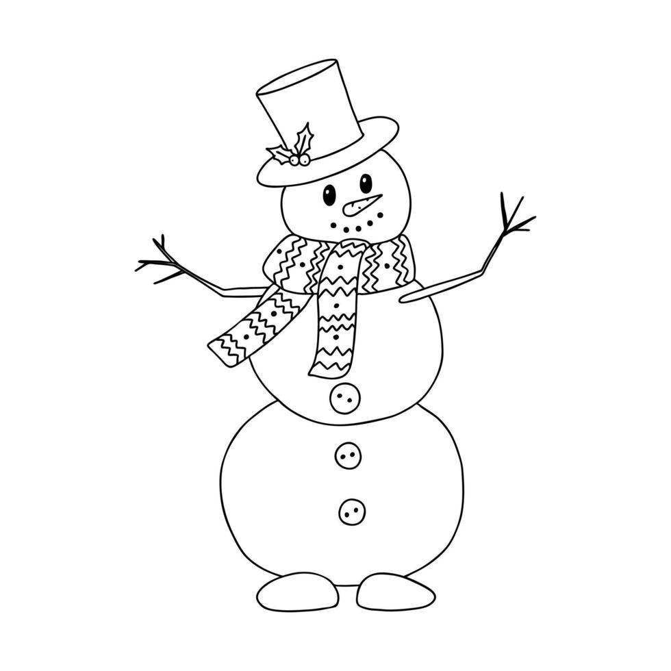 boneco de neve em um cachecol e cartola no estilo doodle. o esboço é desenhado à mão e isolado em um fundo branco. elemento de design de ano novo e natal. desenho de contorno. ilustração em vetor preto e branco