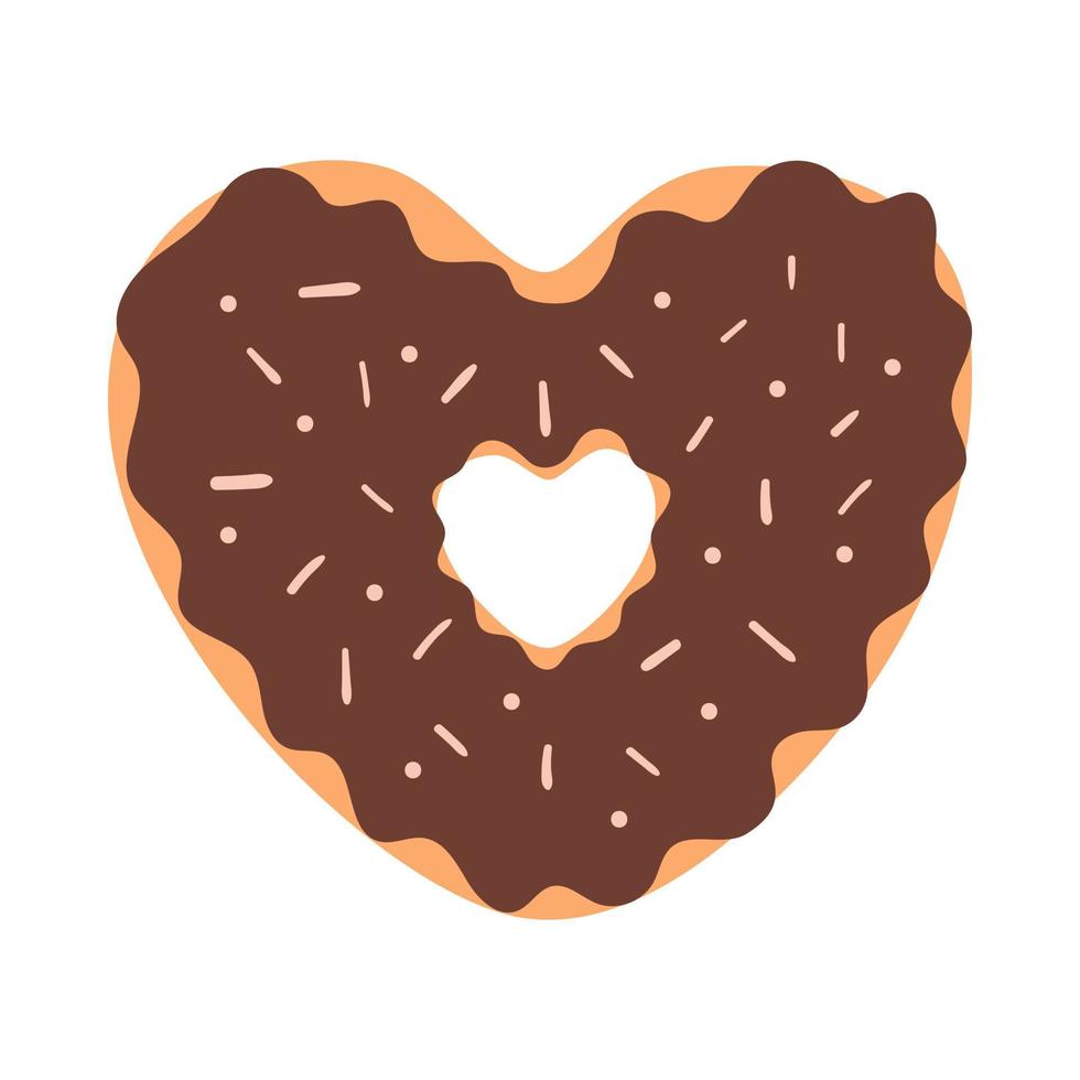 um donut em forma de coração com cobertura de chocolate e granulado. comida doce, pastelaria. elemento decorativo para cartões de dia dos namorados. ilustração em vetor simples cor lisa isolada no fundo branco.