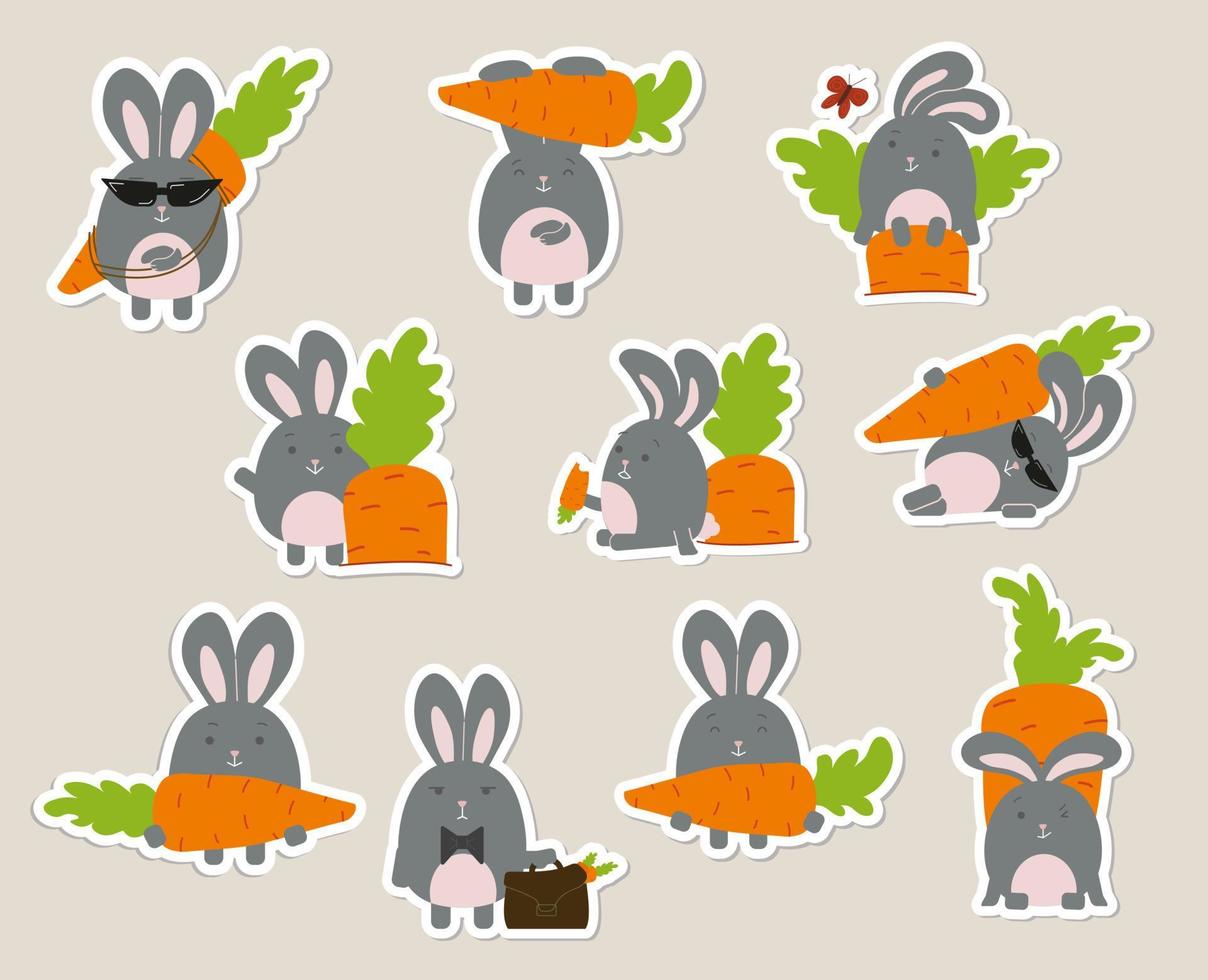 um conjunto de adesivos de coelhos diferentes em uma cenoura. conjunto de vetores. vetor