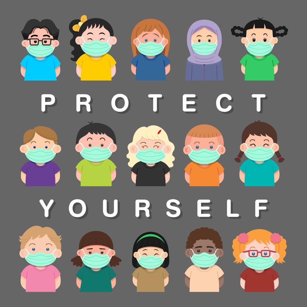 grupo de crianças usando máscaras médicas para prevenir doenças e usar uma camiseta colorida com texto proteja-se em fundo cinza, ilustração vetorial vetor