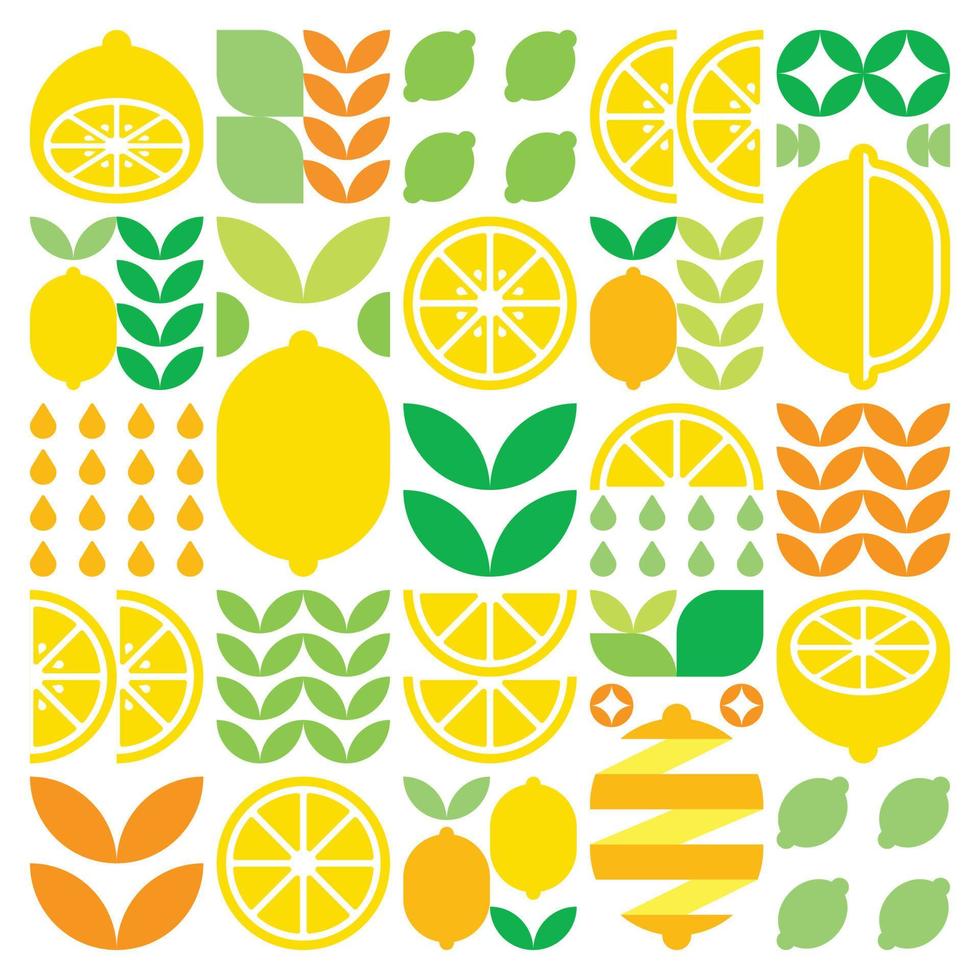 arte abstrata do ícone de símbolo de fruta limão. arte vetorial simples, ilustração geométrica de cítricos coloridos, laranjas, limas, limonada e folhas. design moderno plano minimalista em fundo branco. vetor