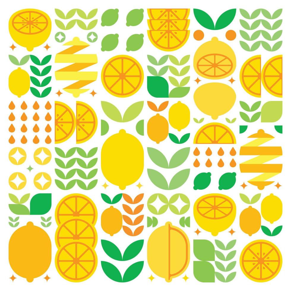 arte abstrata do ícone de símbolo de fruta limão. arte vetorial simples, ilustração geométrica de cítricos coloridos, laranjas, limas, limonada e folhas. design moderno plano minimalista em fundo branco. vetor