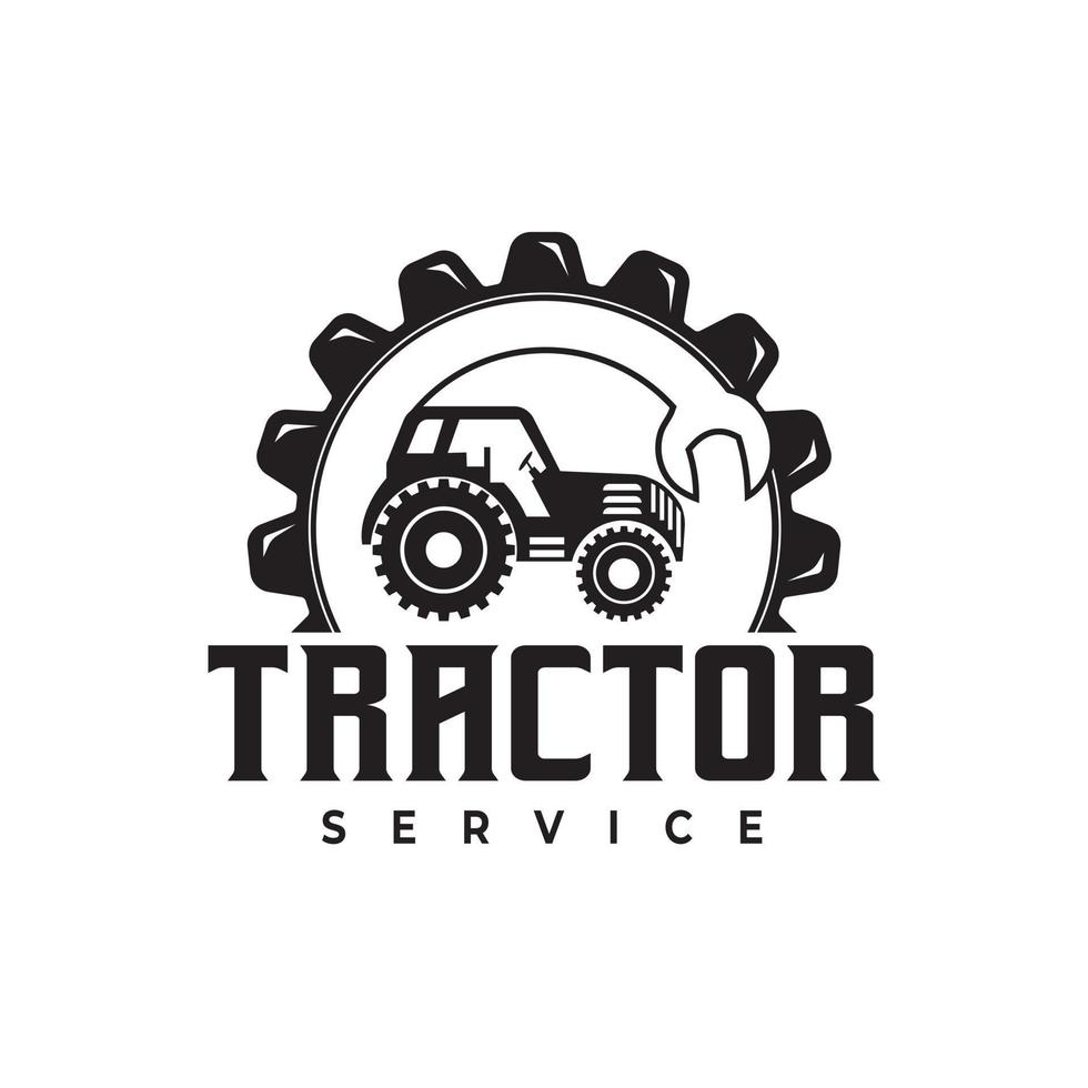 design do logotipo do trator. máquina de trator de serviço de reparo e manutenção com ilustração vetorial de logotipo de cadeado vetor