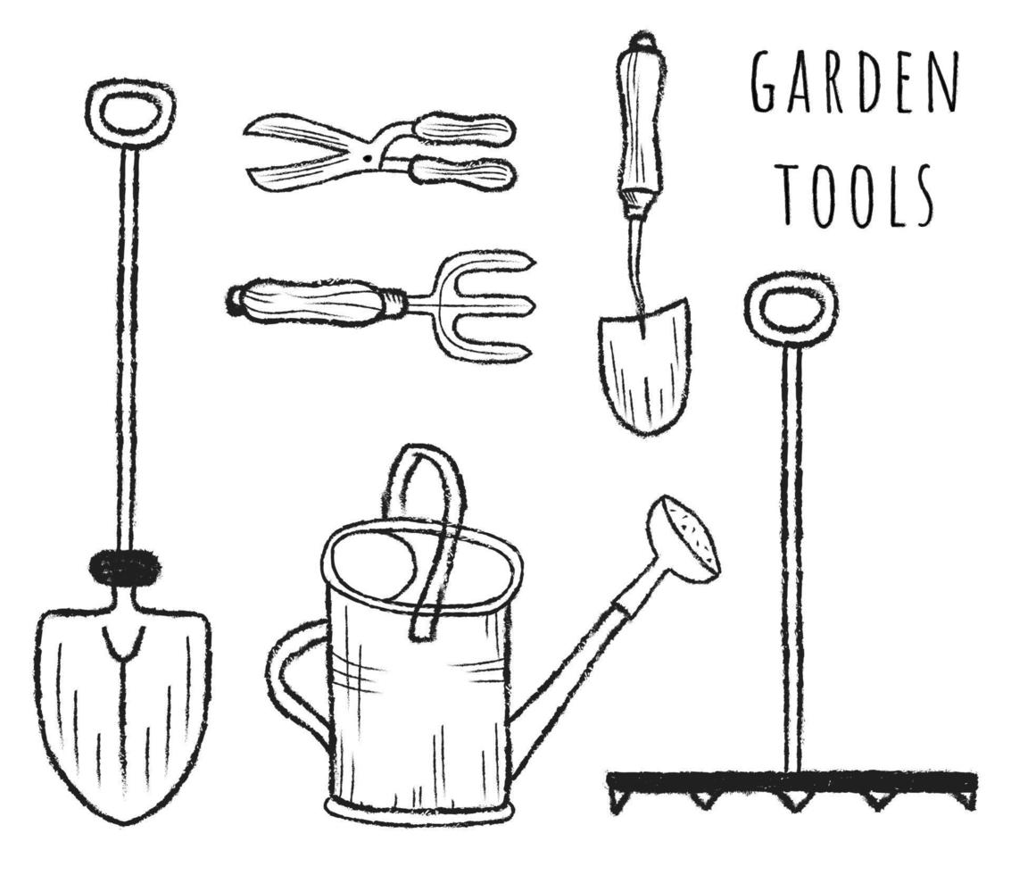 conjunto de ferramentas de jardinagem isoladas desenhadas à mão. doodle ícones jardinagem, colheita. ilustração vetorial de uma pá, ancinho, podador, regador vetor