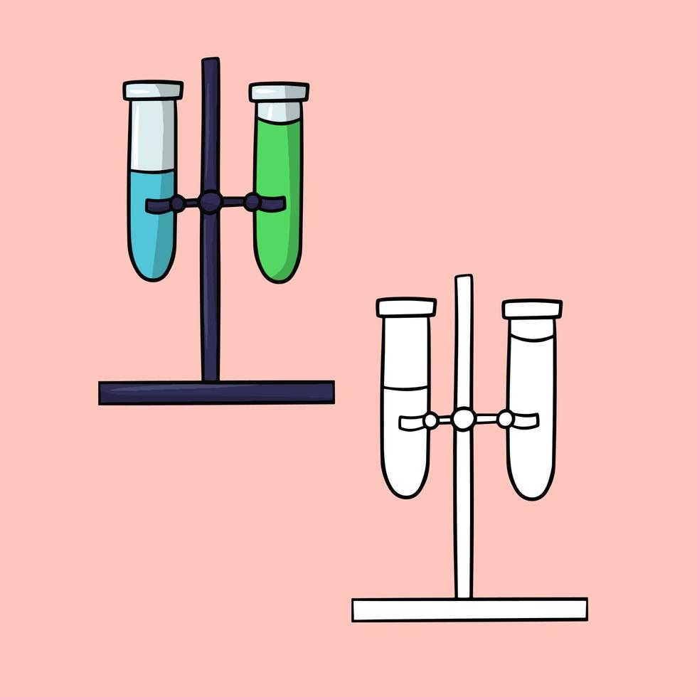 um conjunto de fotos, um suporte de metal com tubos de ensaio de vidro, um experimento químico, uma ilustração vetorial em estilo cartoon em um fundo colorido vetor