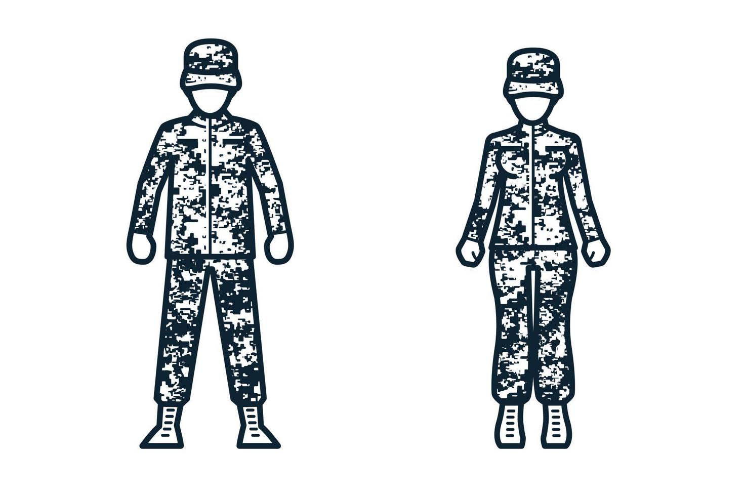 ícones de soldado, exército, uniforme e pessoas vetor