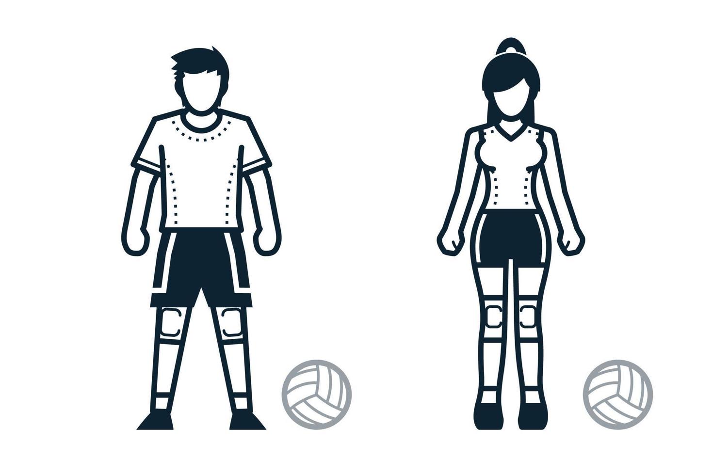 voleibol, jogador de esporte, ícones de pessoas e roupas com fundo branco vetor