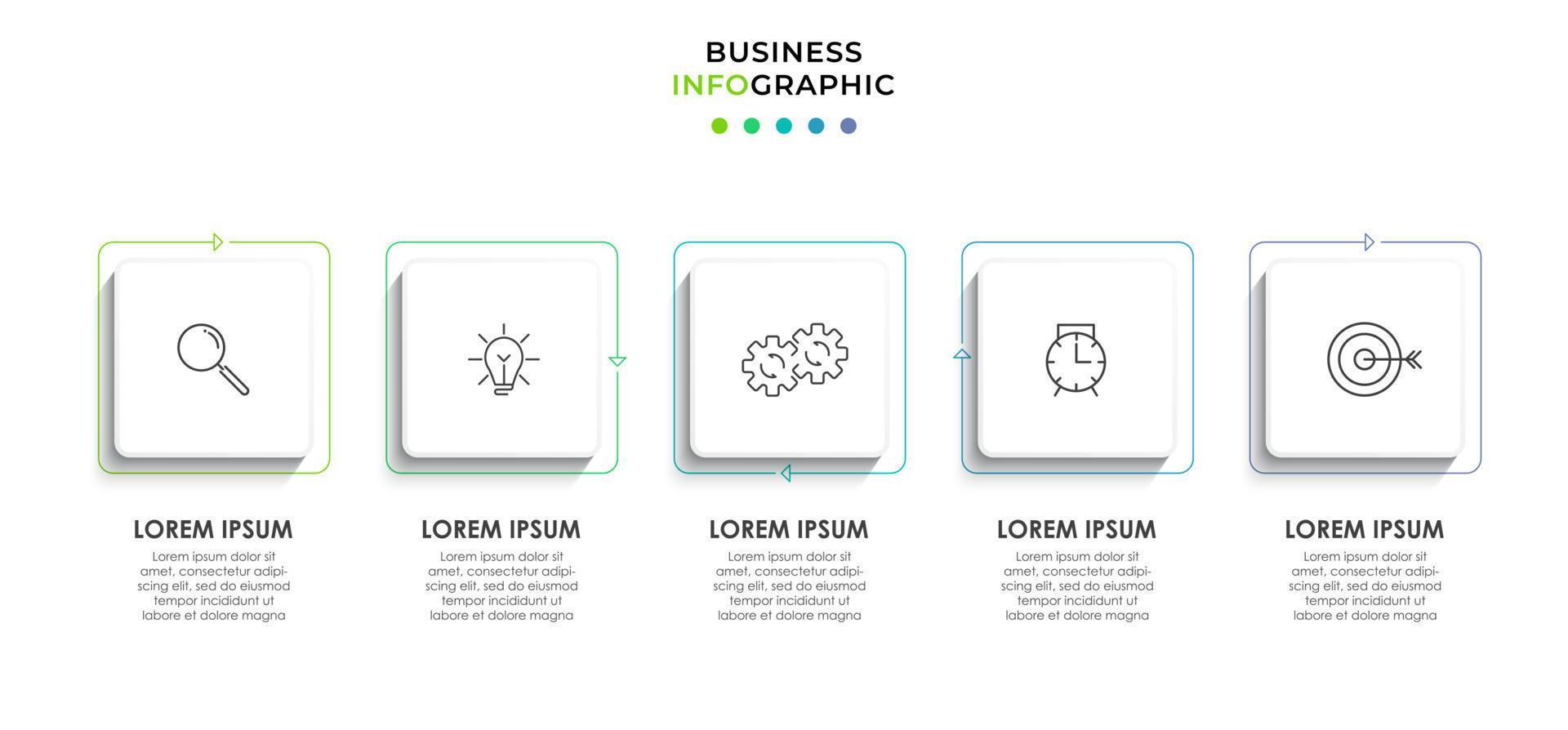 infográfico modelo de negócio de design de vetor com ícones e 5 opções ou etapas. pode ser usado para diagrama de processo, apresentações, layout de fluxo de trabalho, banner, fluxograma, gráfico de informações