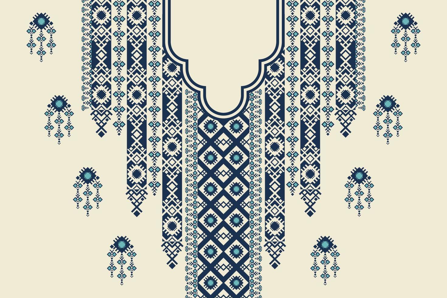 design de padrão de bordado de pescoço de forma geométrica étnica de cor azul sobre fundo creme branco. moda de arte tribal para camisas. vetor