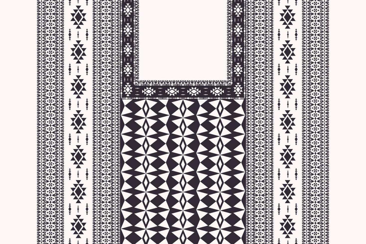 design de padrão de bordado de pescoço em forma de triângulo geométrico asteca com fundo de cor preto e branco de borda. moda de arte tribal para camisas. vetor