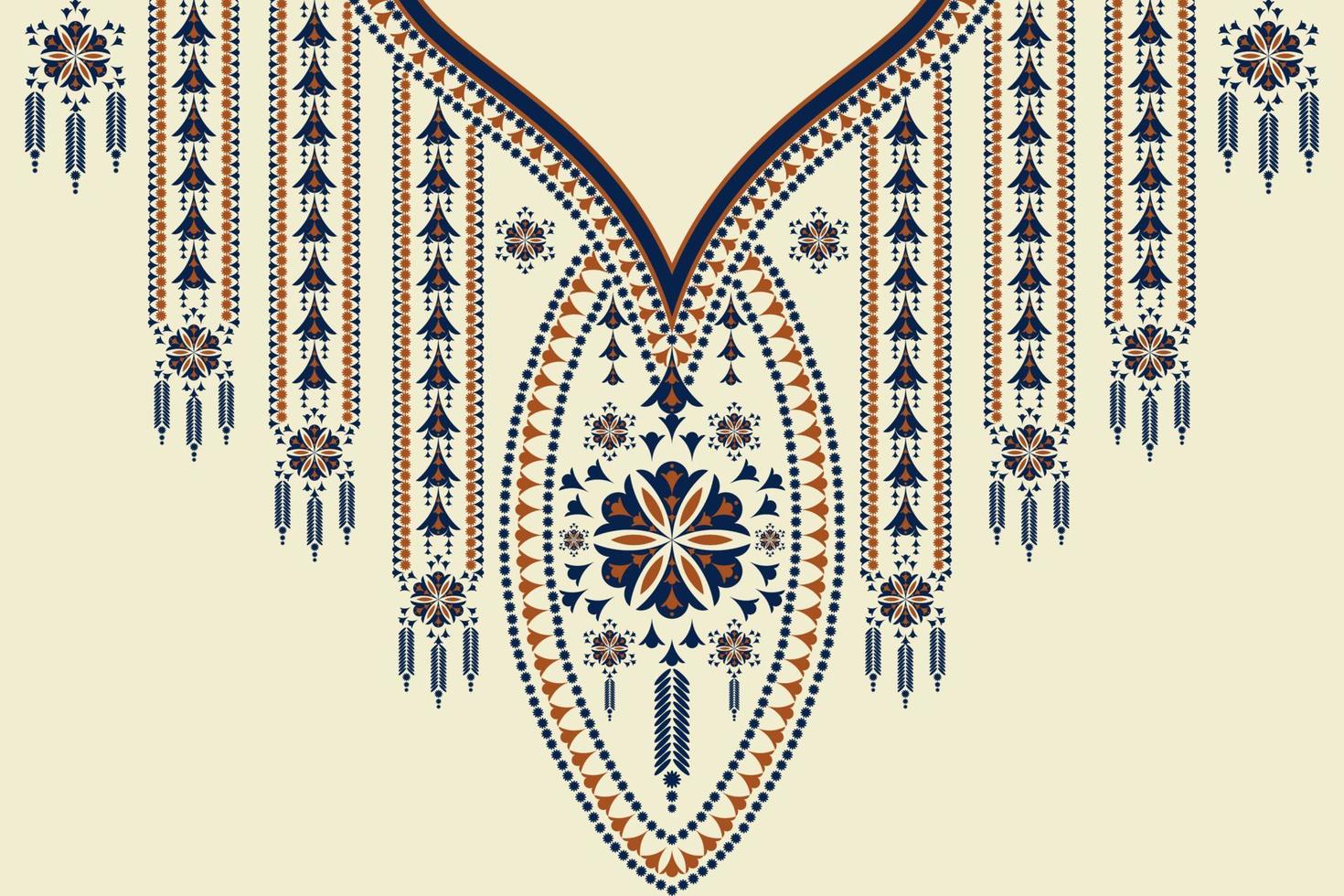 decote étnico bordado forma de flor geométrica fundo de cor vintage. moda de arte tribal para camisas. vetor