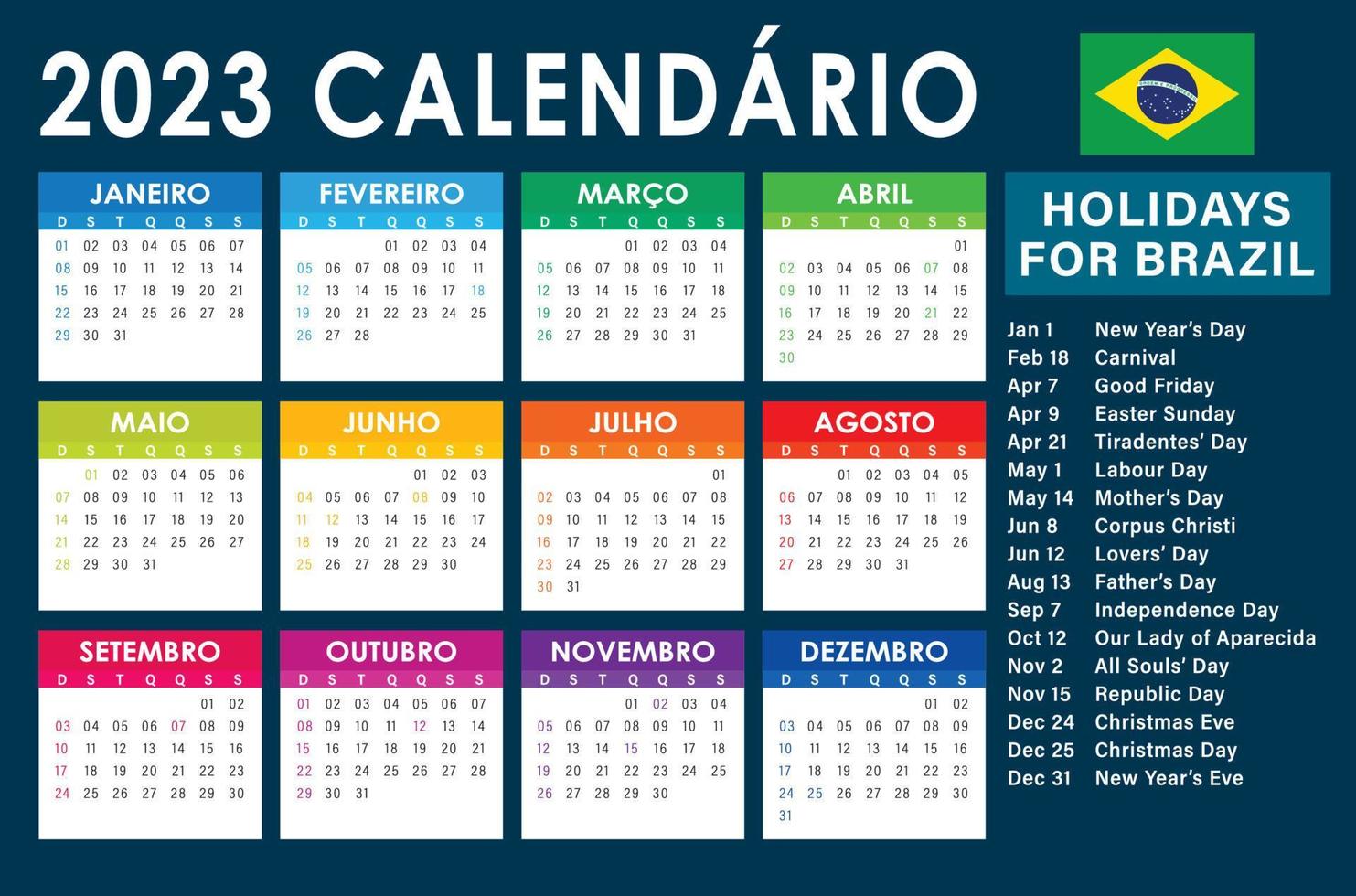 vetor de calendário 2023, versão brasileira com feriados coloridos escuros