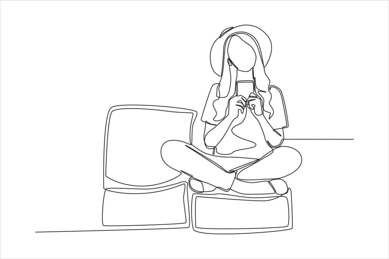 única mulher de desenho de linha senta-se no aeroporto esperando um voo e usa o telefone. conceito de atividade aeroportuária. linha contínua desenhar design gráfico ilustração vetorial. vetor