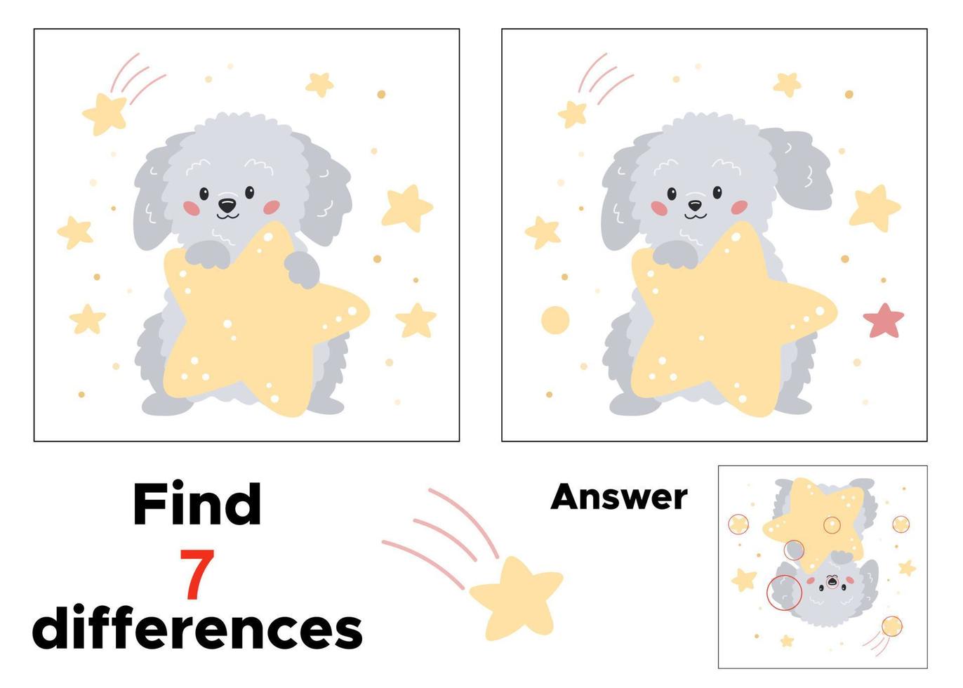 jogo educativo para crianças pré-escolares. encontrar sete diferenças. com resposta. cão de desenho animado com estrelas. planilha imprimível para o jardim de infância. vetor