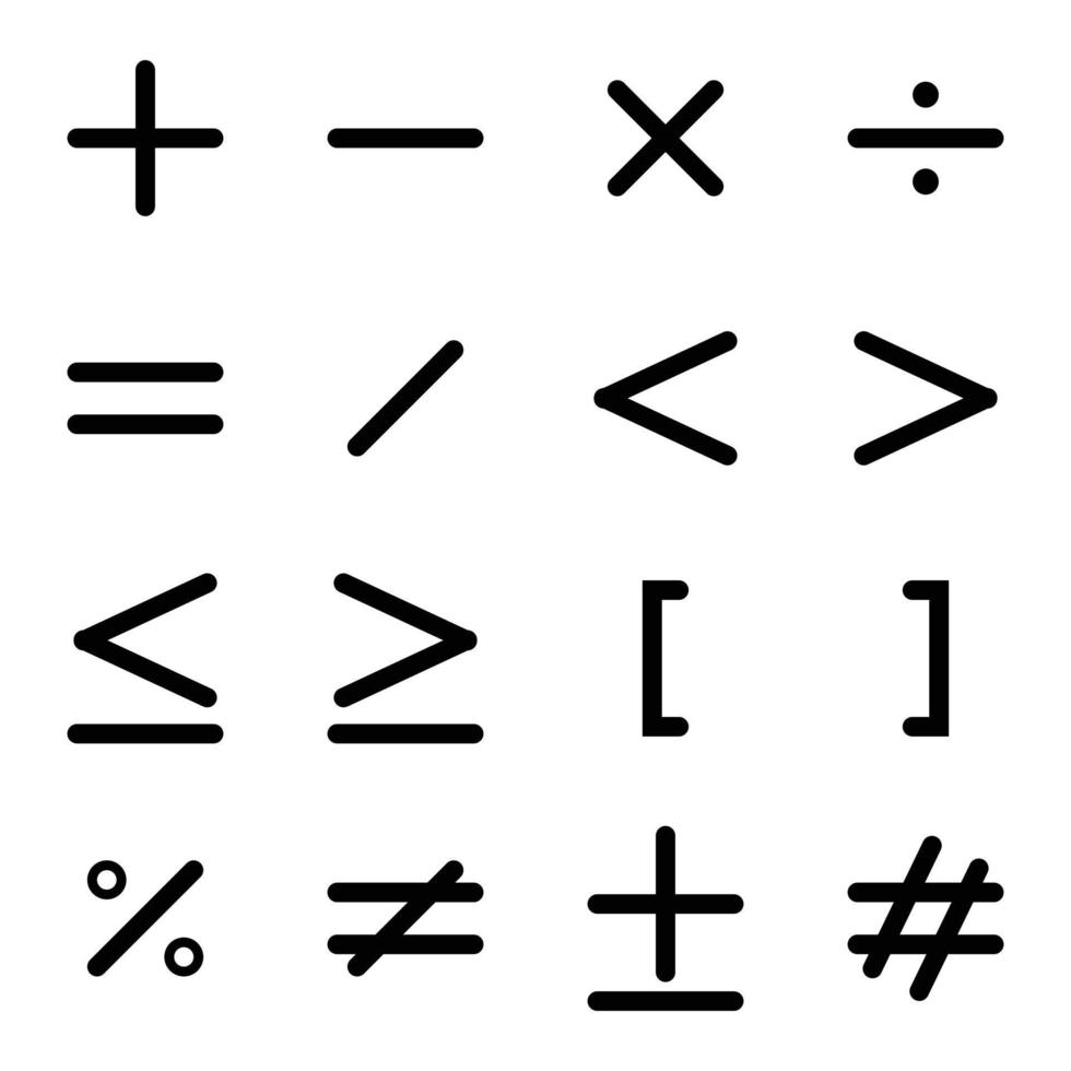 ícones matemáticos. símbolos matemáticos. ícones de vetor para cálculos. adicionar, menos, vezes, dividir, símbolo de comparação, igual, encaracolado, por cento, diferente, hashtag. ilustração vetorial editável