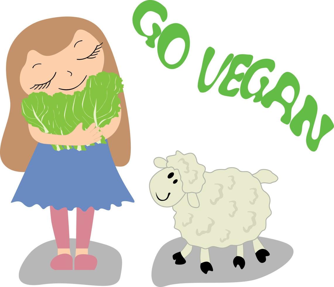 citação motivacional vá vegano. linda garota engraçada com cordeiro. ilustração para logotipos, impressão em roupas, bolsas, adesivo, pôster, loja vegana, café vegano. torne-se vegano e vá com letras verdes. vetor