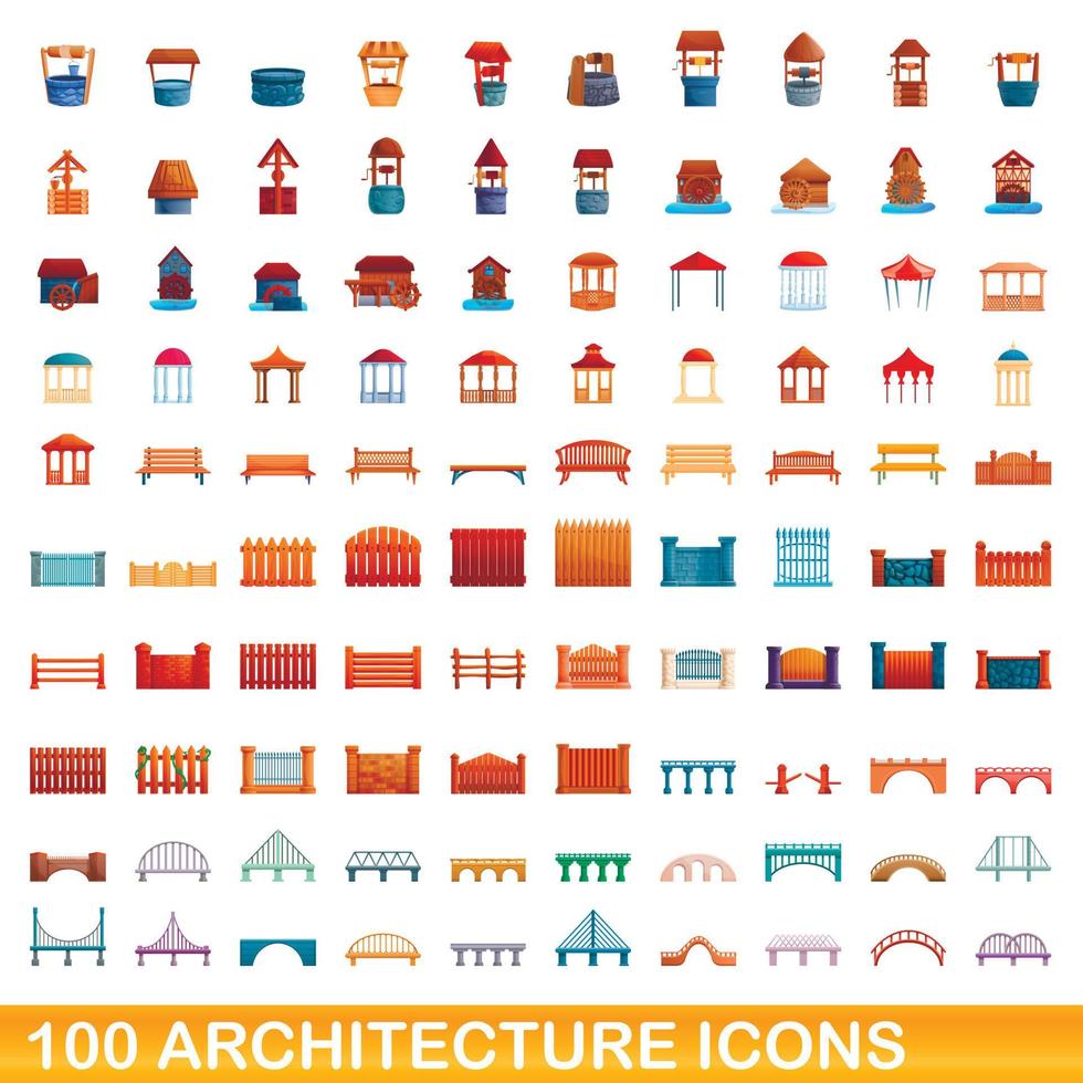 conjunto de 100 ícones de arquitetura, estilo cartoon vetor