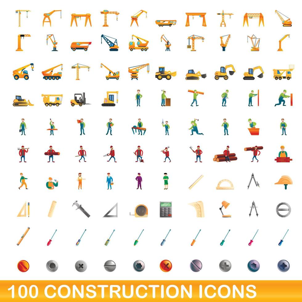 conjunto de 100 ícones de construção, estilo cartoon vetor